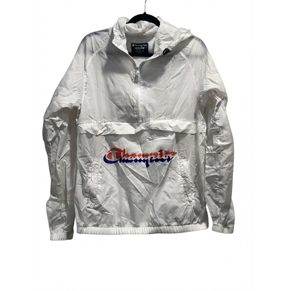 Champion Mens White Packable Windbreaker Half Zip Hooded Jacket V0180 Medium